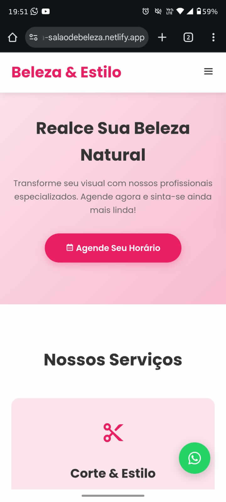 Seção de serviços da landing page para salão de beleza na versão mobile.
